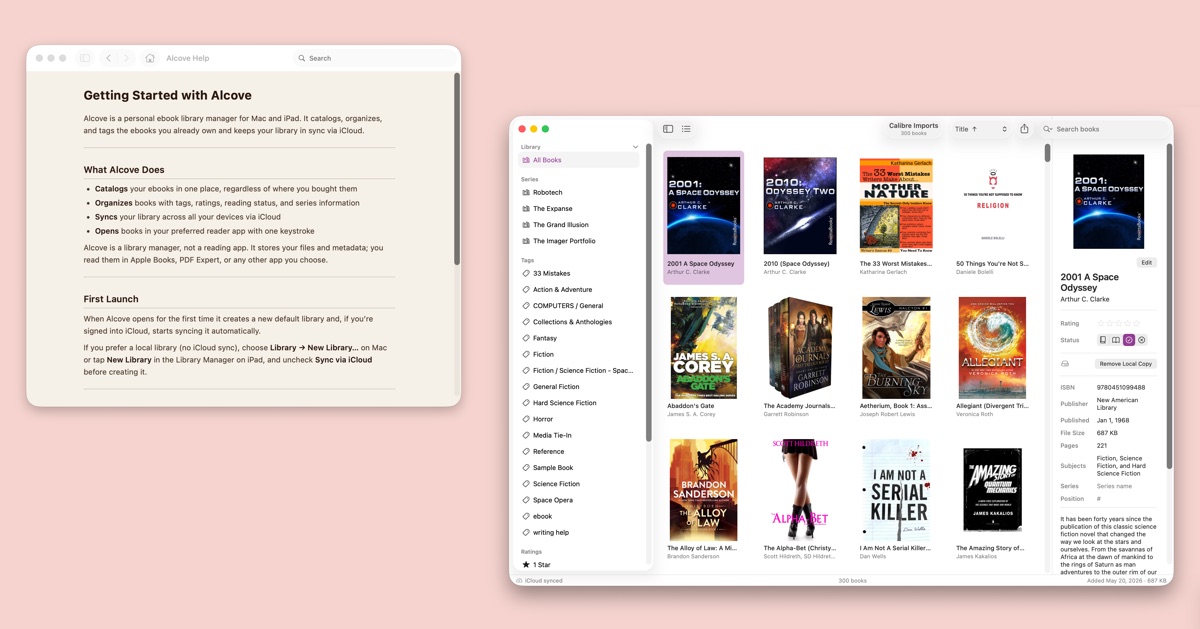 The Alcove help book open in macOS Help Viewer, next to the app itself